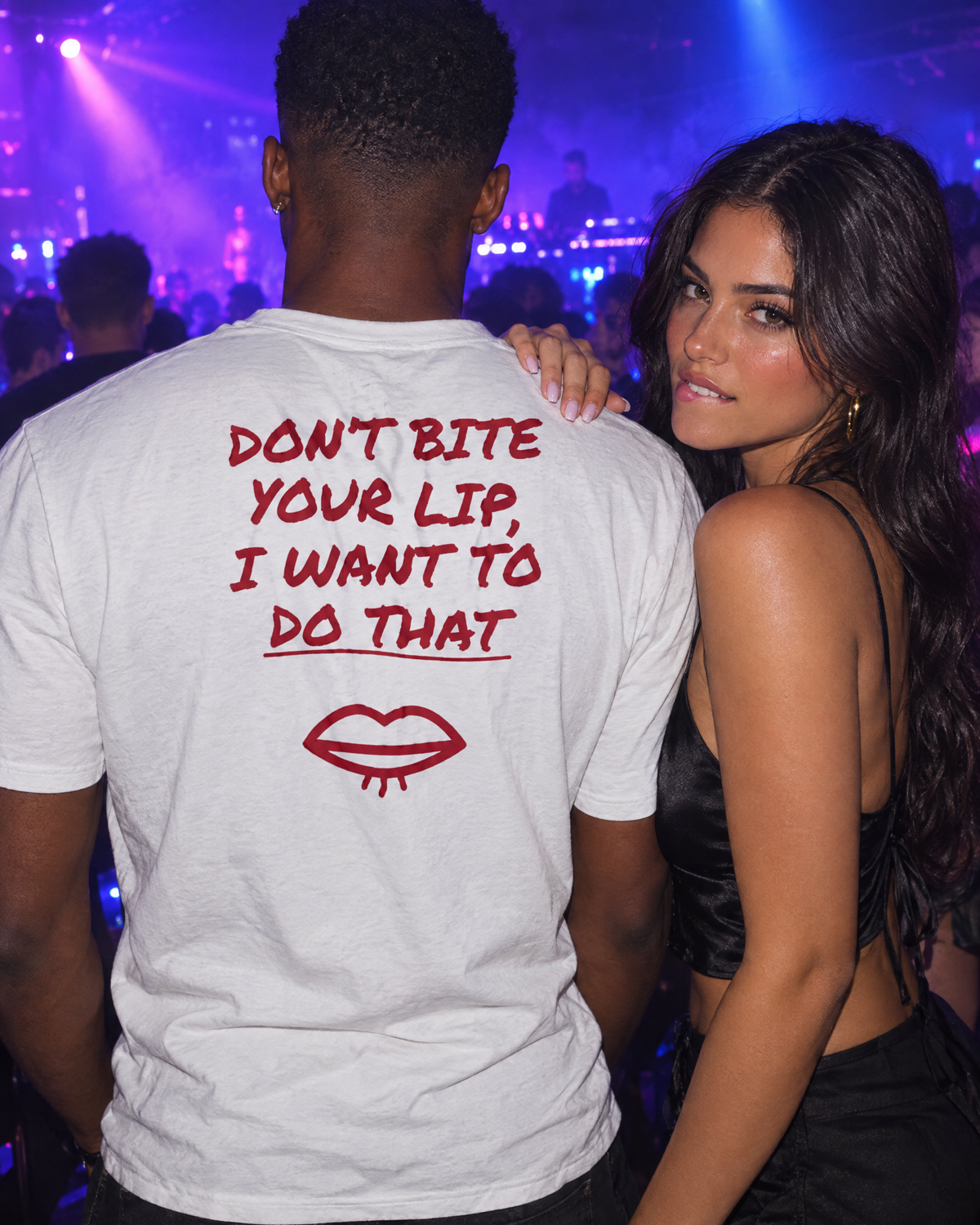 Don't Bite Your Lip Tee worn, back print