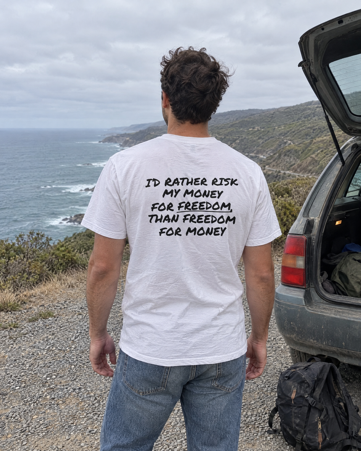 Freedom Over Money Tee worn, back print