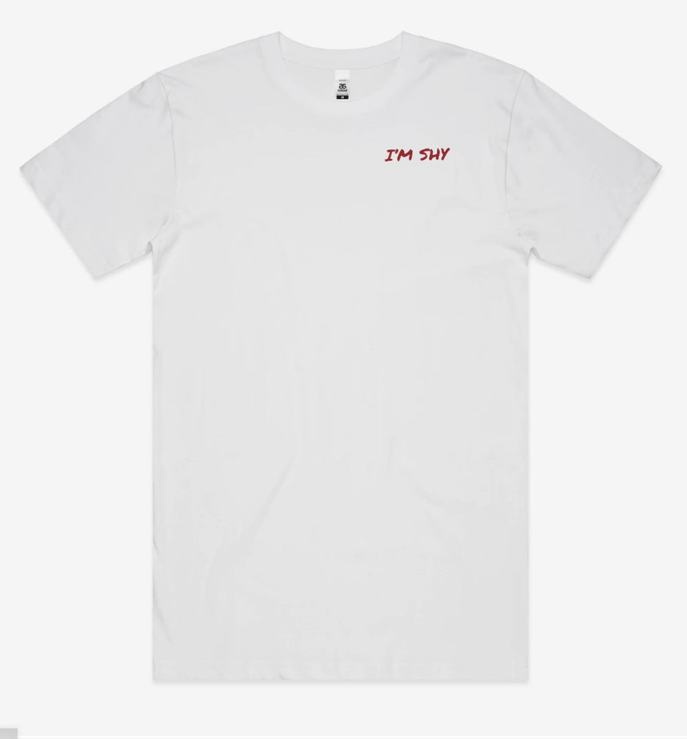 I'm Shy Tee front left chest flat lay