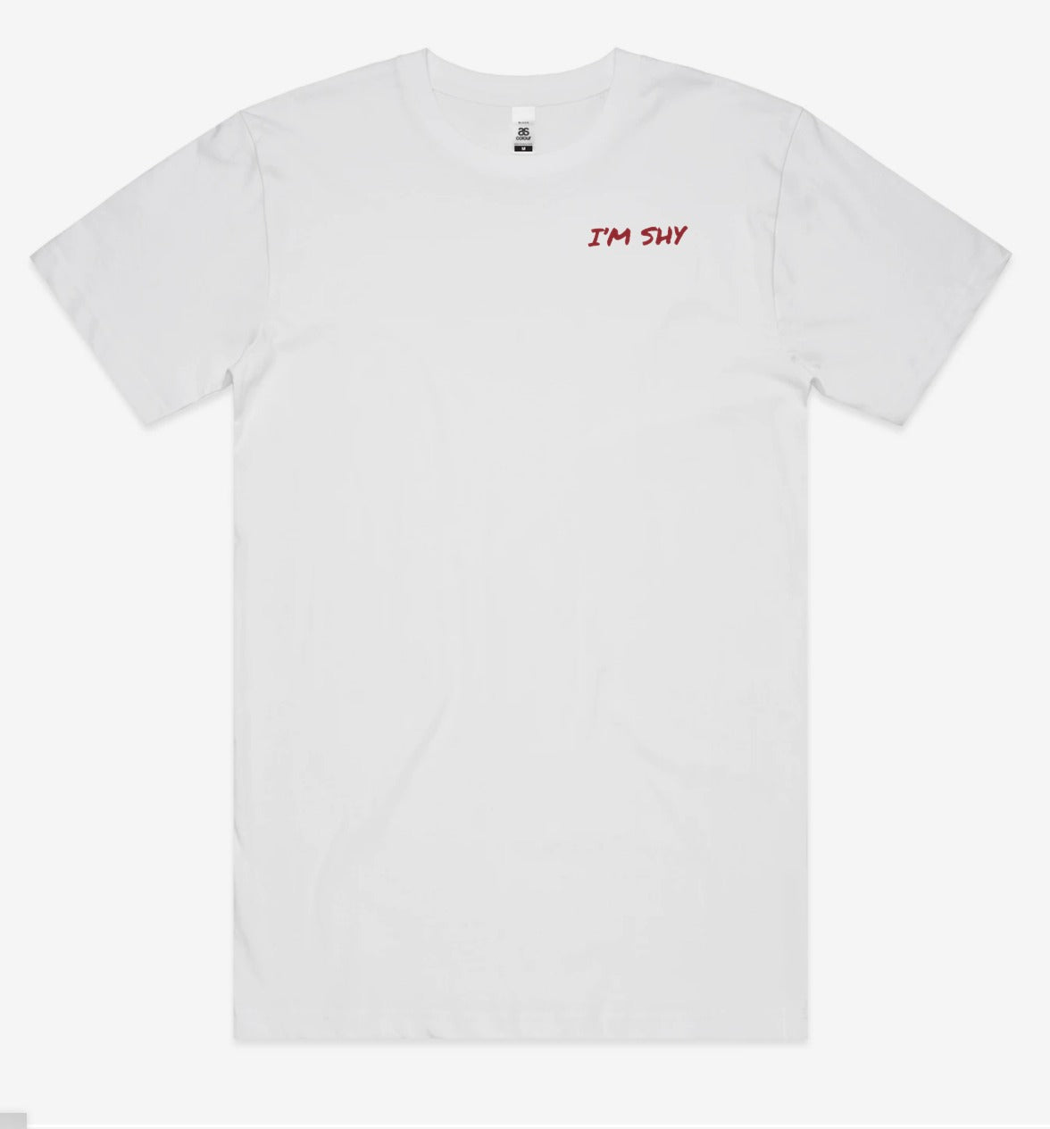 I'm Shy Tee front left chest flat lay
